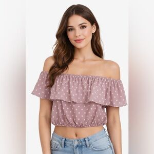 3/for $15 🍒 IRIS Mauve Polka Dot Off-Shoulder Crop Top (Women’s Large)